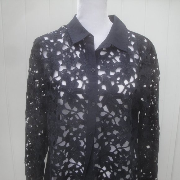 Banana Republic Blouse Lace Long Sleeve Preppy Classic Cotton Petite Large - Picture 2 of 6